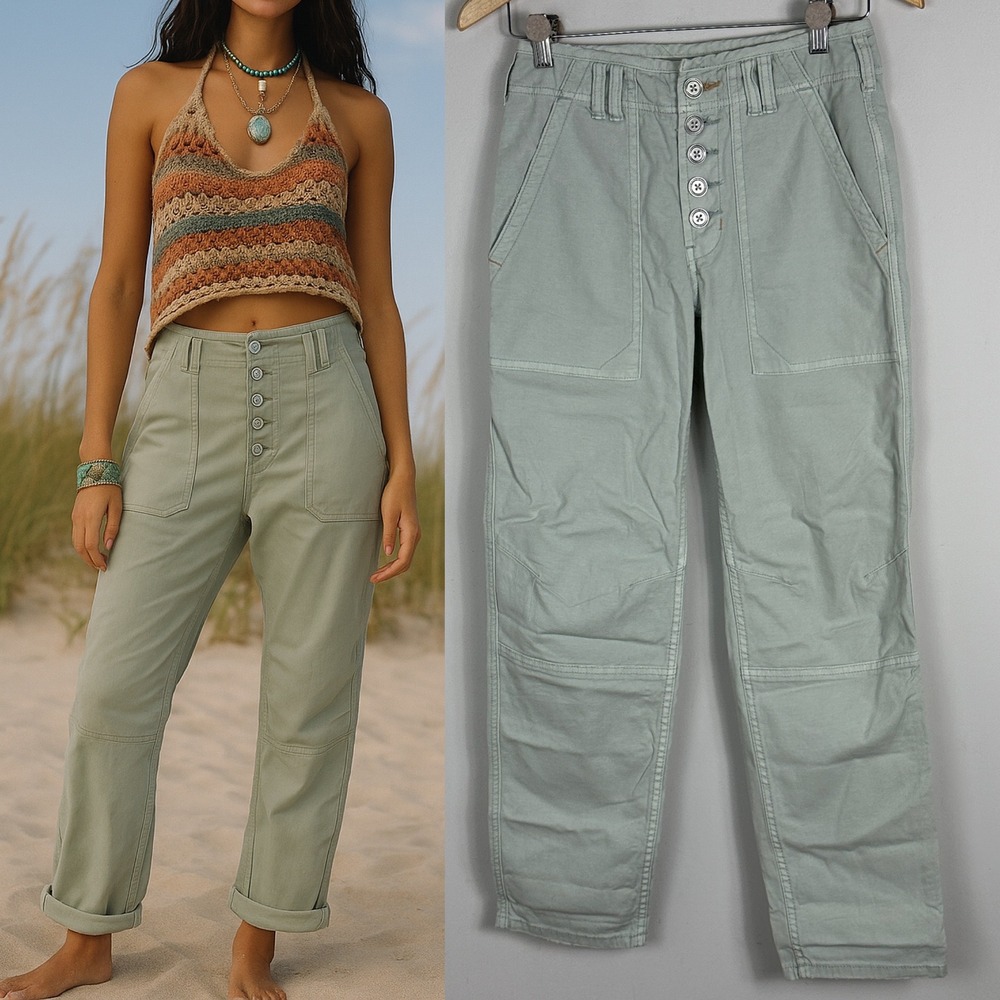 Anthropologie The Wanderer Pants Pale Green Womens Sz 25 Button Fly Beachy Boho‎